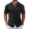 imageCOOFANDY Mens Knit Short Sleeve Shirt Casual Button Down Shirt Vintage Fashion Polo Shirts Crochet Summer Beach ShirtsBlack