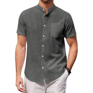 imageCOOFANDY Mens Banded Collar Beach Shirt Cotton Linen Casual Button Down Short Sleeve Shirts Black