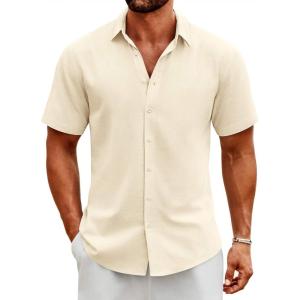 imageCOOFANDY Mens Button Down Shirts Short Sleeve Casual Cotton Shirts Summer Beach Wedding ShirtsBeige