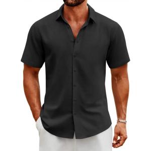 imageCOOFANDY Mens Button Down Shirts Short Sleeve Casual Cotton Shirts Summer Beach Wedding ShirtsBlack