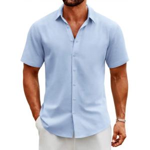imageCOOFANDY Mens Button Down Shirts Short Sleeve Casual Cotton Shirts Summer Beach Wedding ShirtsClear Blue