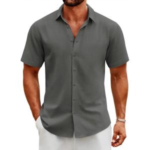 imageCOOFANDY Mens Button Down Shirts Short Sleeve Casual Cotton Shirts Summer Beach Wedding ShirtsDark Grey
