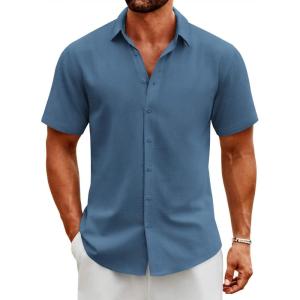 imageCOOFANDY Mens Button Down Shirts Short Sleeve Casual Cotton Shirts Summer Beach Wedding ShirtsDenim Blue