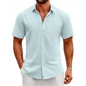 imageCOOFANDY Mens Button Down Shirts Short Sleeve Casual Cotton Shirts Summer Beach Wedding ShirtsLight Blue