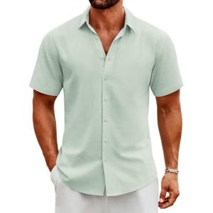 imageCOOFANDY Mens Button Down Shirts Short Sleeve Casual Cotton Shirts Summer Beach Wedding ShirtsLight Green