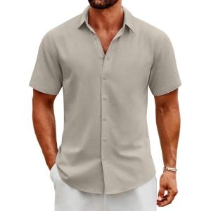 imageCOOFANDY Mens Button Down Shirts Short Sleeve Casual Cotton Shirts Summer Beach Wedding ShirtsLight Grey