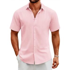 imageCOOFANDY Mens Button Down Shirts Short Sleeve Casual Cotton Shirts Summer Beach Wedding ShirtsLight Pink