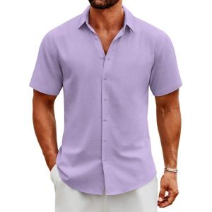 imageCOOFANDY Mens Button Down Shirts Short Sleeve Casual Cotton Shirts Summer Beach Wedding ShirtsLight Purple