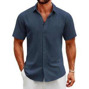 imageCOOFANDY Mens Button Down Shirts Short Sleeve Casual Cotton Shirts Summer Beach Wedding ShirtsNavy Blue