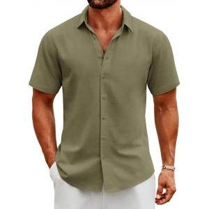 imageCOOFANDY Mens Button Down Shirts Short Sleeve Casual Cotton Shirts Summer Beach Wedding ShirtsOlive Green