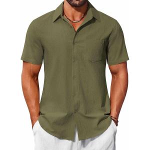 imageCOOFANDY Mens Button Down Short Sleeve Shirts Casual Cotton Shirts Summer Beach Shirt with PocketArmy Green