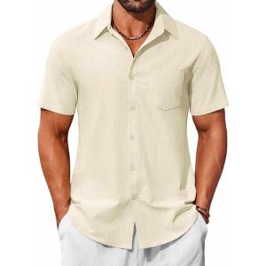 imageCOOFANDY Mens Button Down Short Sleeve Shirts Casual Cotton Shirts Summer Beach Shirt with PocketBeige