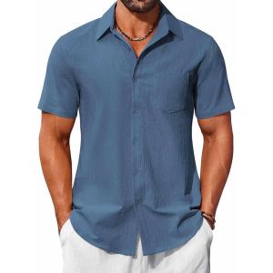 imageCOOFANDY Mens Button Down Short Sleeve Shirts Casual Cotton Shirts Summer Beach Shirt with PocketDenim Blue