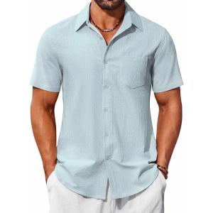imageCOOFANDY Mens Button Down Short Sleeve Shirts Casual Cotton Shirts Summer Beach Shirt with PocketLight Blue