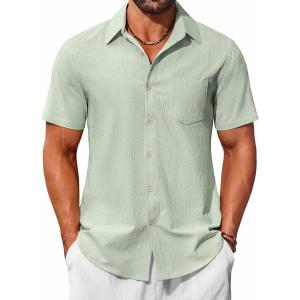 imageCOOFANDY Mens Button Down Short Sleeve Shirts Casual Cotton Shirts Summer Beach Shirt with PocketLight Green