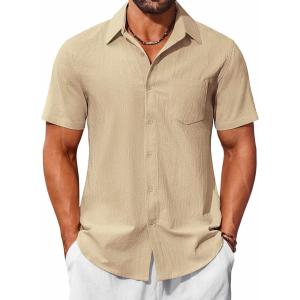 imageCOOFANDY Mens Button Down Short Sleeve Shirts Casual Cotton Shirts Summer Beach Shirt with PocketLight Khaki