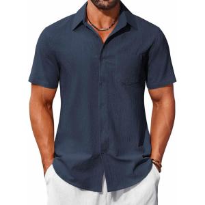 imageCOOFANDY Mens Button Down Short Sleeve Shirts Casual Cotton Shirts Summer Beach Shirt with PocketNavy Blue