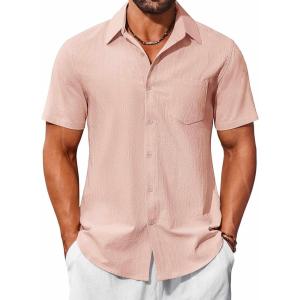 imageCOOFANDY Mens Button Down Short Sleeve Shirts Casual Cotton Shirts Summer Beach Shirt with PocketPink