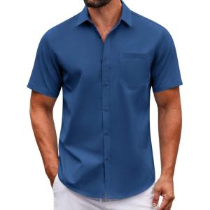 imageCOOFANDY Mens Casual Button Down Shirts Short Sleeve Summer Untucked Dress Shirt with PocketDeep Blue