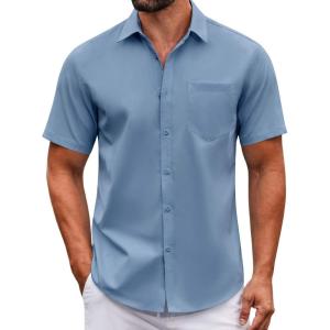 imageCOOFANDY Mens Casual Button Down Shirts Short Sleeve Summer Untucked Dress Shirt with PocketSlate Blue