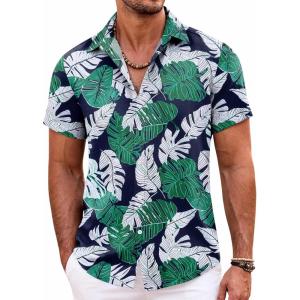 imageCOOFANDY Mens Hawaiian Shirts Short Sleeve Casual Button Down Beach Vacation Summer ShirtNavy Bluegreen White Leaf