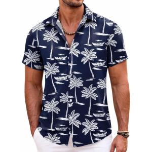 imageCOOFANDY Mens Hawaiian Shirts Short Sleeve Casual Button Down Beach Vacation Summer ShirtNavy Bluewhite Tree