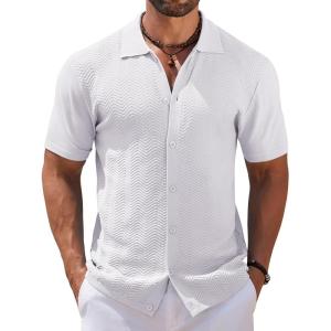 imageCOOFANDY Mens Knit Short Sleeve Shirt Casual Button Down Shirt Vintage Fashion Polo Shirts Crochet Summer Beach ShirtsAwhite