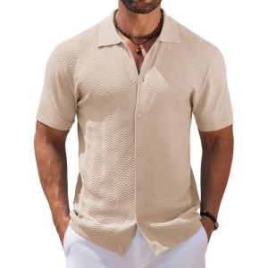 imageCOOFANDY Mens Knit Short Sleeve Shirt Casual Button Down Shirt Vintage Fashion Polo Shirts Crochet Summer Beach ShirtsBeige
