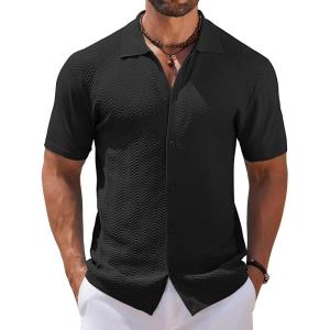 imageCOOFANDY Mens Knit Short Sleeve Shirt Casual Button Down Shirt Vintage Fashion Polo Shirts Crochet Summer Beach ShirtsBlack