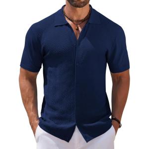 imageCOOFANDY Mens Knit Short Sleeve Shirt Casual Button Down Shirt Vintage Fashion Polo Shirts Crochet Summer Beach ShirtsBlueviolet