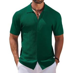 imageCOOFANDY Mens Knit Short Sleeve Shirt Casual Button Down Shirt Vintage Fashion Polo Shirts Crochet Summer Beach ShirtsEvergreen