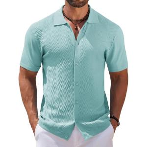 imageCOOFANDY Mens Knit Short Sleeve Shirt Casual Button Down Shirt Vintage Fashion Polo Shirts Crochet Summer Beach ShirtsIce Green