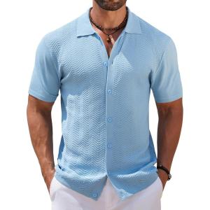 imageCOOFANDY Mens Knit Short Sleeve Shirt Casual Button Down Shirt Vintage Fashion Polo Shirts Crochet Summer Beach ShirtsLight Blue