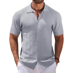 imageCOOFANDY Mens Knit Short Sleeve Shirt Casual Button Down Shirt Vintage Fashion Polo Shirts Crochet Summer Beach ShirtsLight Grey