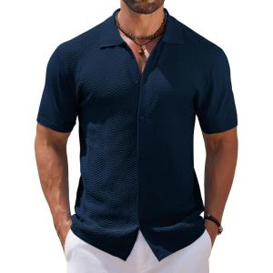 imageCOOFANDY Mens Knit Short Sleeve Shirt Casual Button Down Shirt Vintage Fashion Polo Shirts Crochet Summer Beach ShirtsNavy Blue
