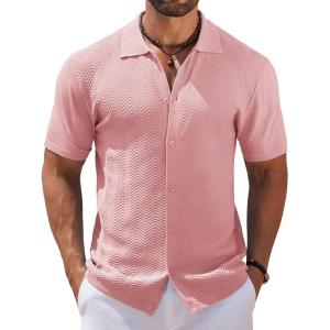 imageCOOFANDY Mens Knit Short Sleeve Shirt Casual Button Down Shirt Vintage Fashion Polo Shirts Crochet Summer Beach ShirtsPink