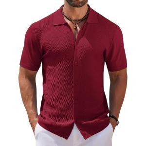 imageCOOFANDY Mens Knit Short Sleeve Shirt Casual Button Down Shirt Vintage Fashion Polo Shirts Crochet Summer Beach ShirtsWine Red