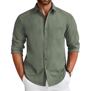 imageCOOFANDY Mens Long Sleeve Button Down Shirt Wrinkle Free Untucked Dress Shirt Casual Denim ShirtArmy Green