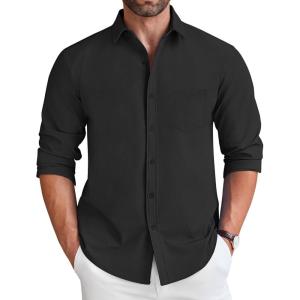 imageCOOFANDY Mens Long Sleeve Button Down Shirt Wrinkle Free Untucked Dress Shirt Casual Denim ShirtBlack