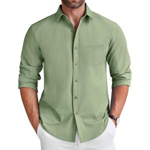 imageCOOFANDY Mens Long Sleeve Button Down Shirt Wrinkle Free Untucked Dress Shirt Casual Denim ShirtLight Green