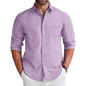 imageCOOFANDY Mens Long Sleeve Button Down Shirt Wrinkle Free Untucked Dress Shirt Casual Denim ShirtLight Purple