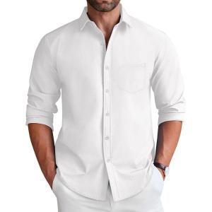 imageCOOFANDY Mens Long Sleeve Button Down Shirt Wrinkle Free Untucked Dress Shirt Casual Denim ShirtWhite