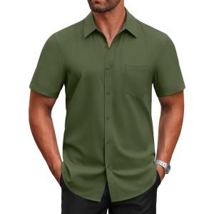 imageCOOFANDY Mens Short Sleeve Button Down Shirts Casual Dress Shirts for Men Untucked Shirt with PocketArmy Green