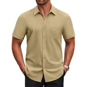 imageCOOFANDY Mens Short Sleeve Button Down Shirts Casual Dress Shirts for Men Untucked Shirt with PocketKhaki