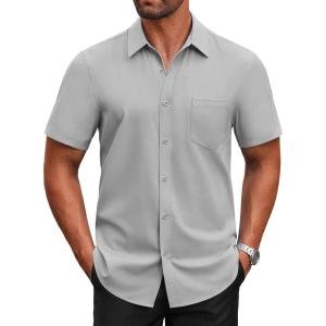imageCOOFANDY Mens Short Sleeve Button Down Shirts Casual Dress Shirts for Men Untucked Shirt with PocketLight Grey