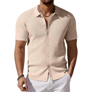 imageCOOFANDY Mens Vintage Knit Shirt Short Sleeve Button Down Polo Shirts for Summer Casual ampamp VacationApricot