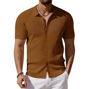 imageCOOFANDY Mens Vintage Knit Shirt Short Sleeve Button Down Polo Shirts for Summer Casual ampamp VacationBrown