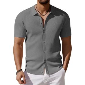 imageCOOFANDY Mens Vintage Knit Shirt Short Sleeve Button Down Polo Shirts for Summer Casual ampamp VacationDark Grey