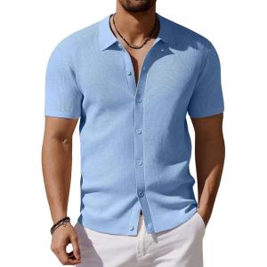 imageCOOFANDY Mens Vintage Knit Shirt Short Sleeve Button Down Polo Shirts for Summer Casual ampamp VacationLight Blue