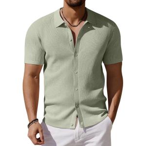 imageCOOFANDY Mens Vintage Knit Shirt Short Sleeve Button Down Polo Shirts for Summer Casual ampamp VacationLight Green